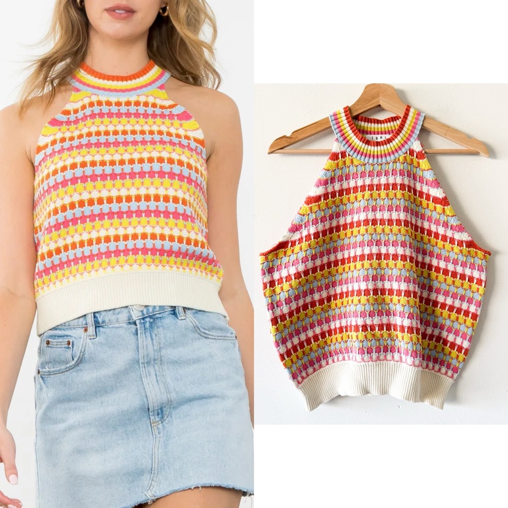 THML Multicolor Knit Halter Tank - Pink, Yellow, White